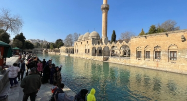 Şanlıurfa'da güneşli havayı fırsat bilenler Balıklıgöl'de vakit geçirdi