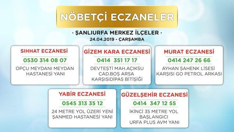 Şanlıurfa'da Çarşamba Günü Gece Nöbetçi Eczaneler